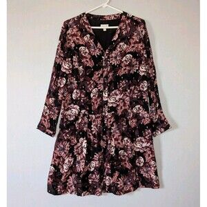 Garnet Hill Womens Dropwaist Button Up Dress 6 Black Floral Gold Metallic Boho